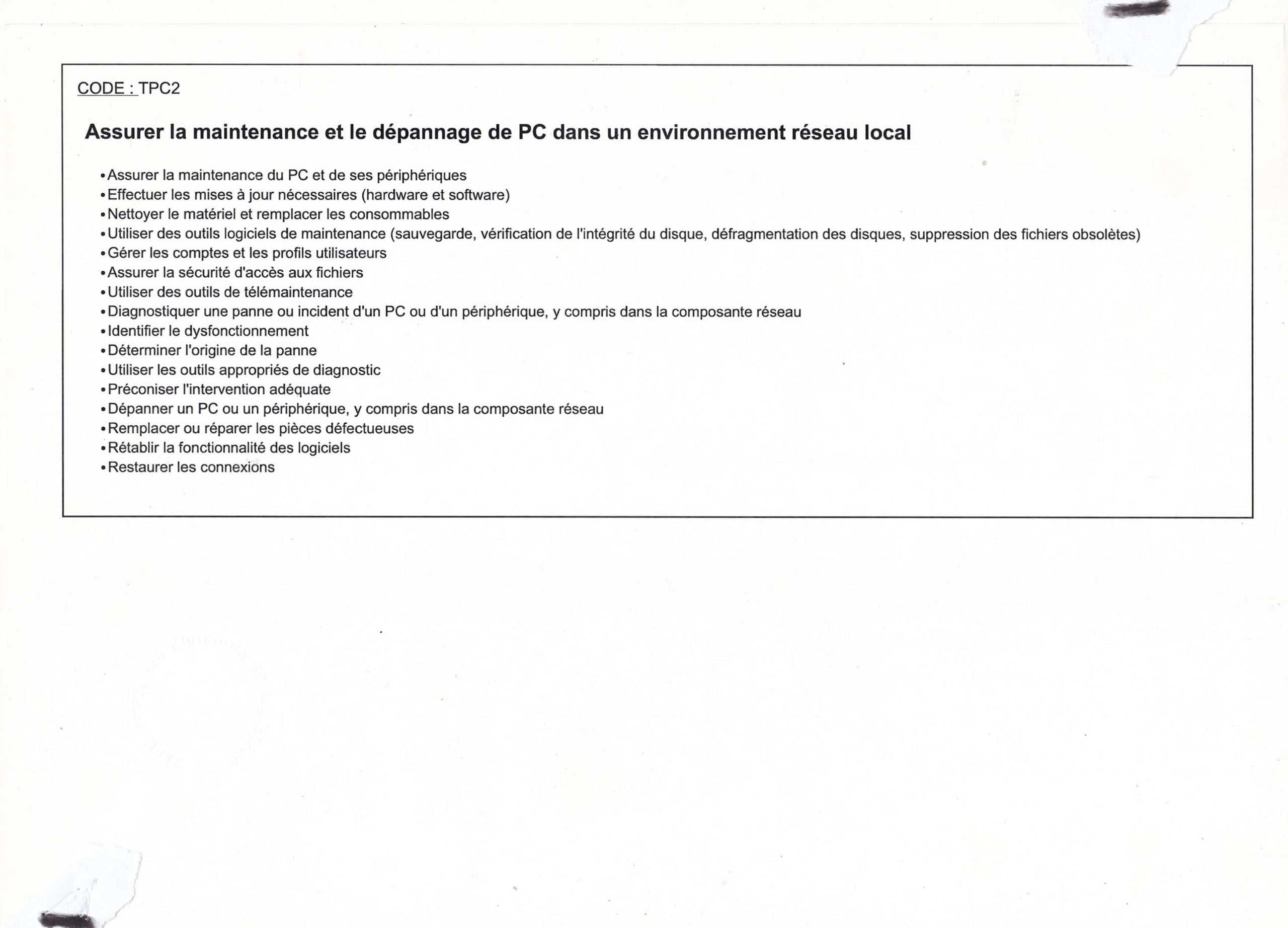 Certificat de compétances- Technicien PC & Réseaux TPC2