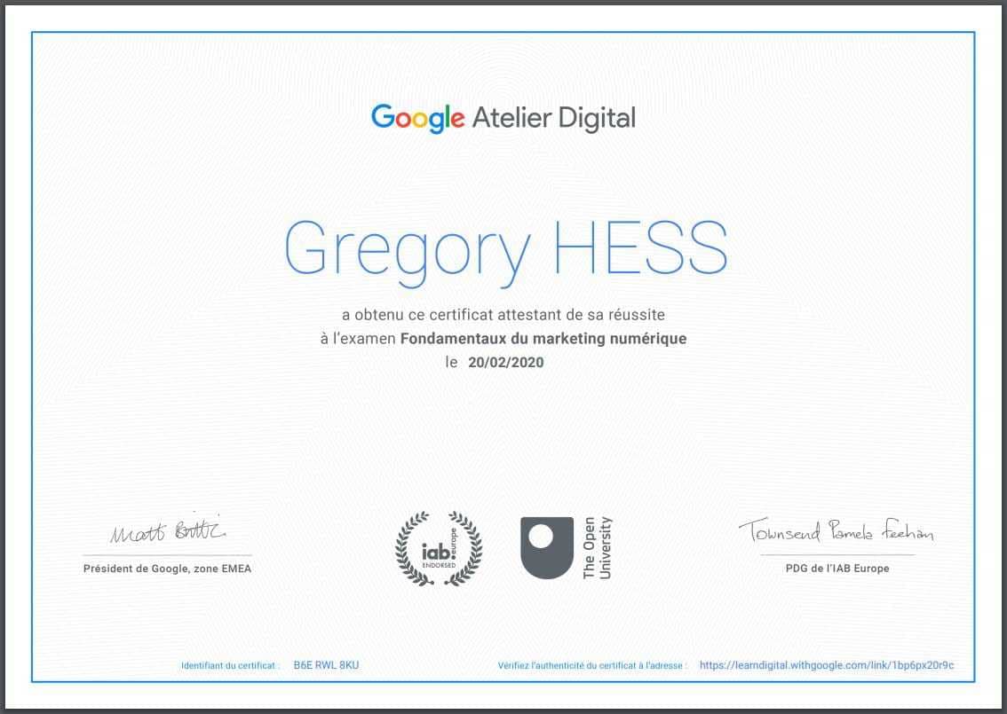 Hess gregory google atelier digital marketing certificat